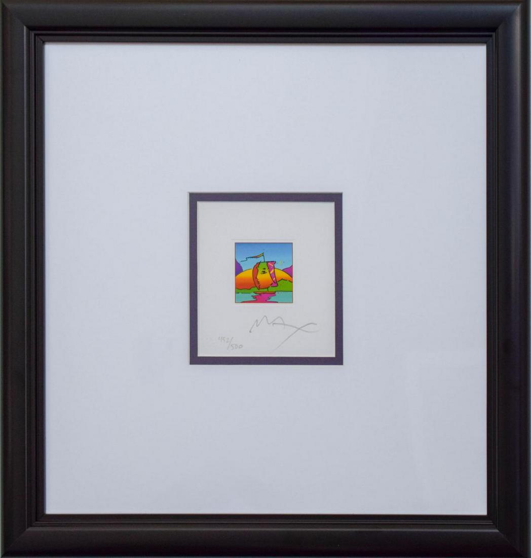 Peter Max- Original Lithograph "Sail Profile (MINI)": Artist: Peter Max. Medium: Original Lithograph. Title: Sail Profile (MINI). Size (Unframed): 6" x 5". Size (Framed): 17" x 16". Limited Edition: Numbered 452/500. Certificate of Authenticity: From Max