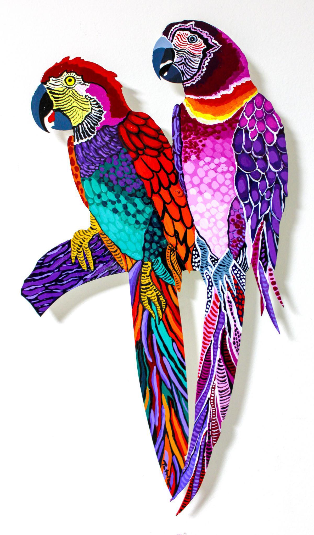 Patricia Govezensky- Original Painting on Laser Cut: Artist: Patricia Govezensky. Medium: Original Painting on Laser Cut Steel. Title: Two Parrots V. Size (Unframed): 18" x 10". Certificate of Authenticity: From the publisher. Reference# 11721.