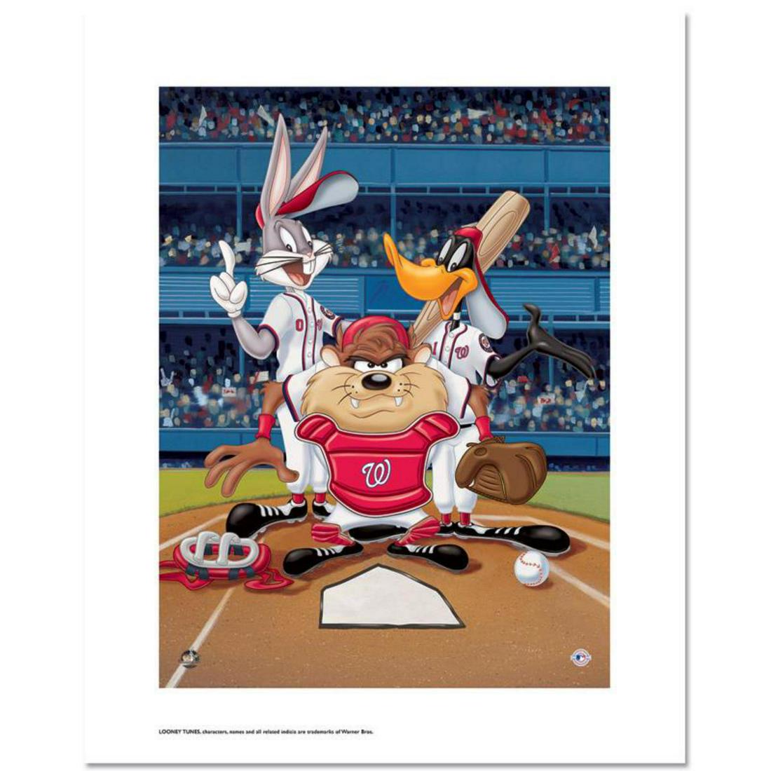 "At the Plate (Nationals)" Numbered Limited Edition: "At the Plate (Nationals)" is a limited edition giclee on paper from Warner Bros. featuring iconic Looney Tunes characters in 2019 World Series Champions, Washington Nationals MLB uniforms. It comes n