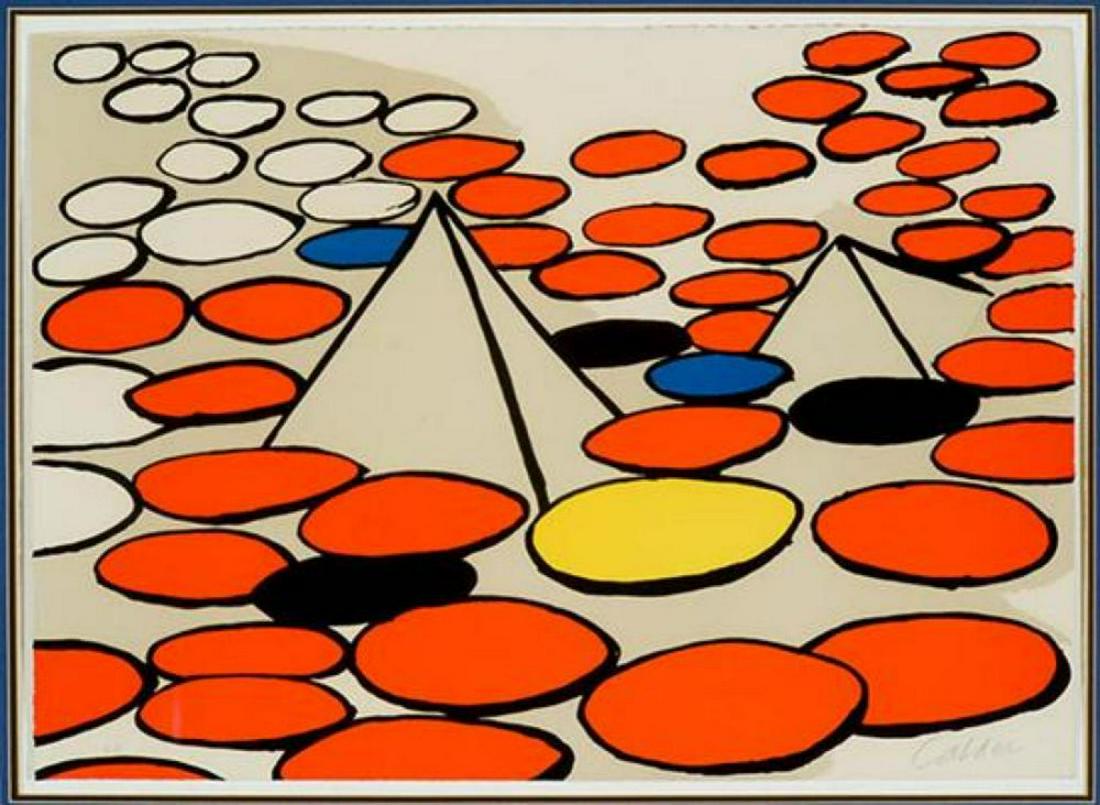Alexander Calder "Pyramids And Circles 1976": Alexander Calder (American, 1898â€“1976). Title: "Pyramids And Circles 1976". Medium: Lithograph On Arches Paper. Size: 20 x 28 in | 51 x 71 cm. Hand Signed and Numbered.