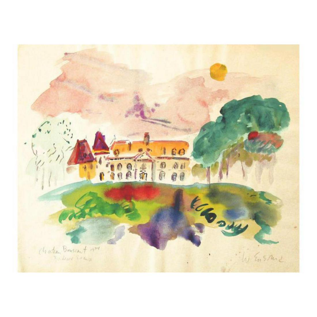 Wayne Ensrud "Chateau Bouscaut, Bordeaux - France": "Chateau Bouscaut, Bordeaux - France" is an original Watercolor on Paper by Wayne Ensrud. The piece is hand signed by the artist and comes with a Certificate of Authenticity. Measures approximately 20