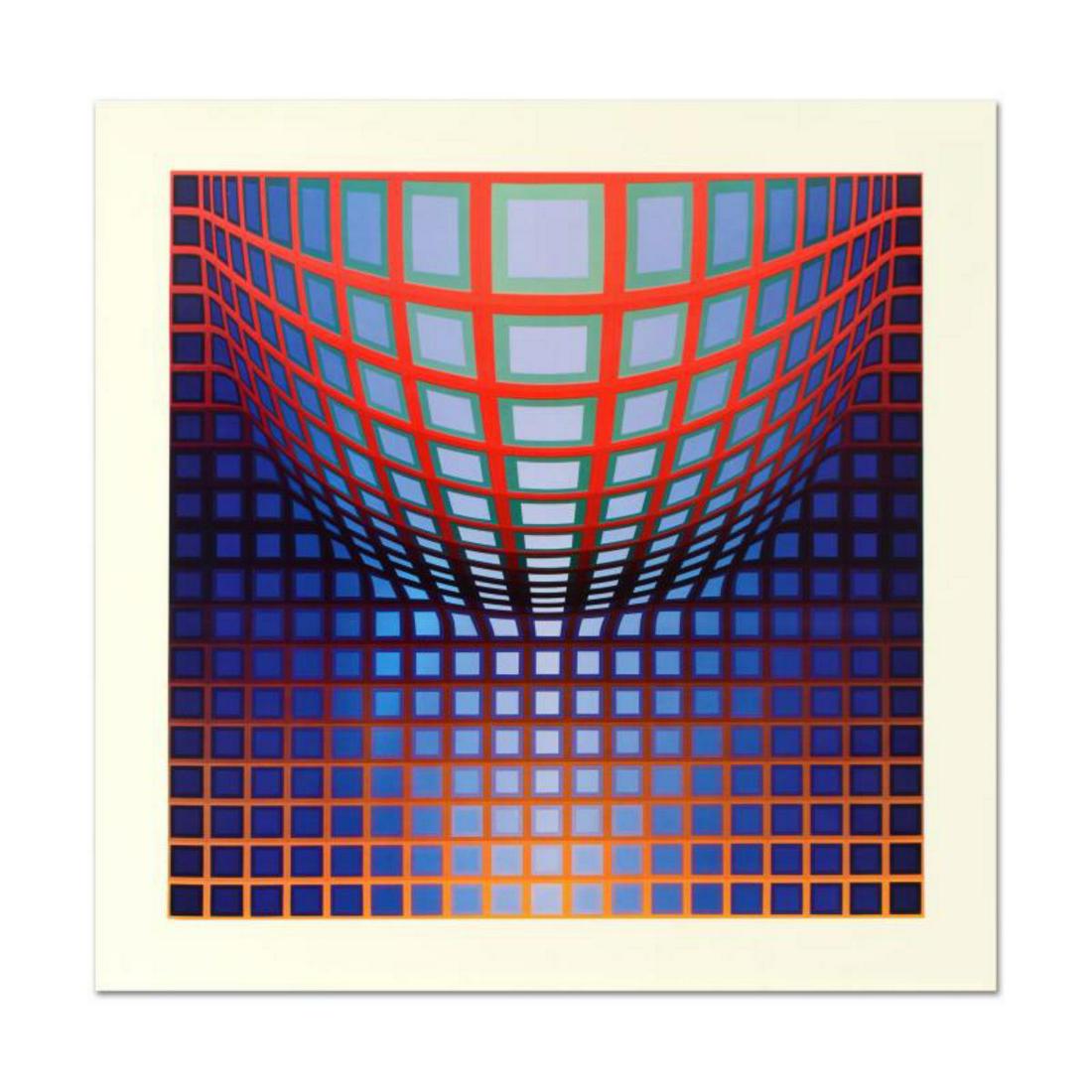 Victor Vasarely (1908-1997), "Kedzi Vega" Heliogravure: "Kedzi Vega" is a heliogravure print on paper from the Editions du Griffon (1974) by Victor Vasarely (1908-1997). This piece is titled inverso. Measures approx. 23.5" x 23.5" (image). Reference #: 235