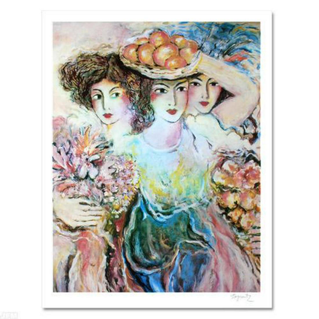 "Three Women" Limited Edition Lithograph by Zamy: With soft, sweeping brush strokes and a delicate color palette, Zamy Steynovitz (1951-2000) created sweet, romantic artwork. "Three Women" is a limited edition offset lithograph on paper, numbered and