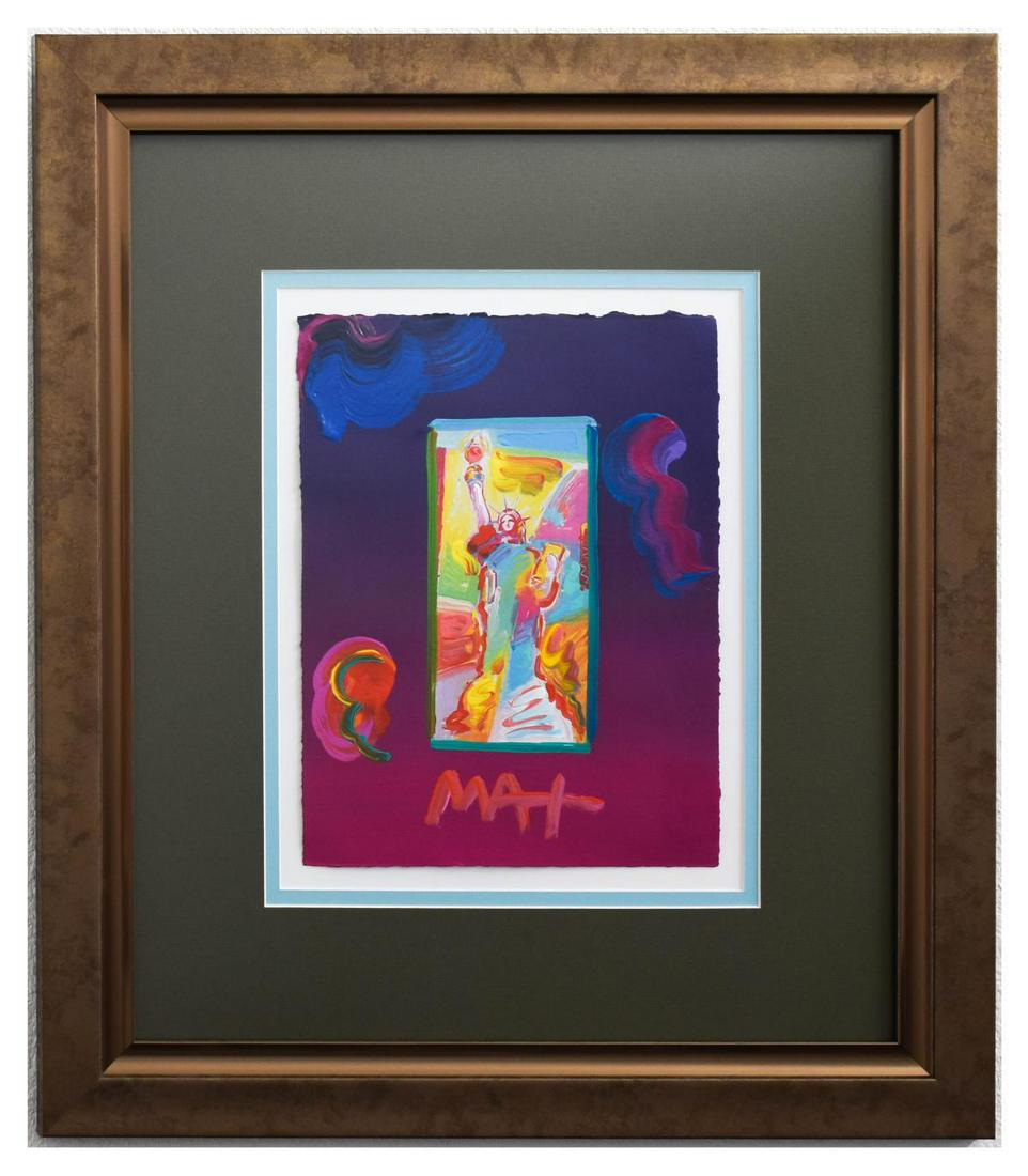 Peter Max- Original Mixed Media "Statue of Liberty Ver.: Artist: Peter Max. Medium: Original Mixed Media. Title: Statue of Liberty Ver. #162. Size (Unframed): 11" x 8.5". Size (Framed): 22" x 19.5". Certificate of Authenticity: From Peter Max Studio. Additi