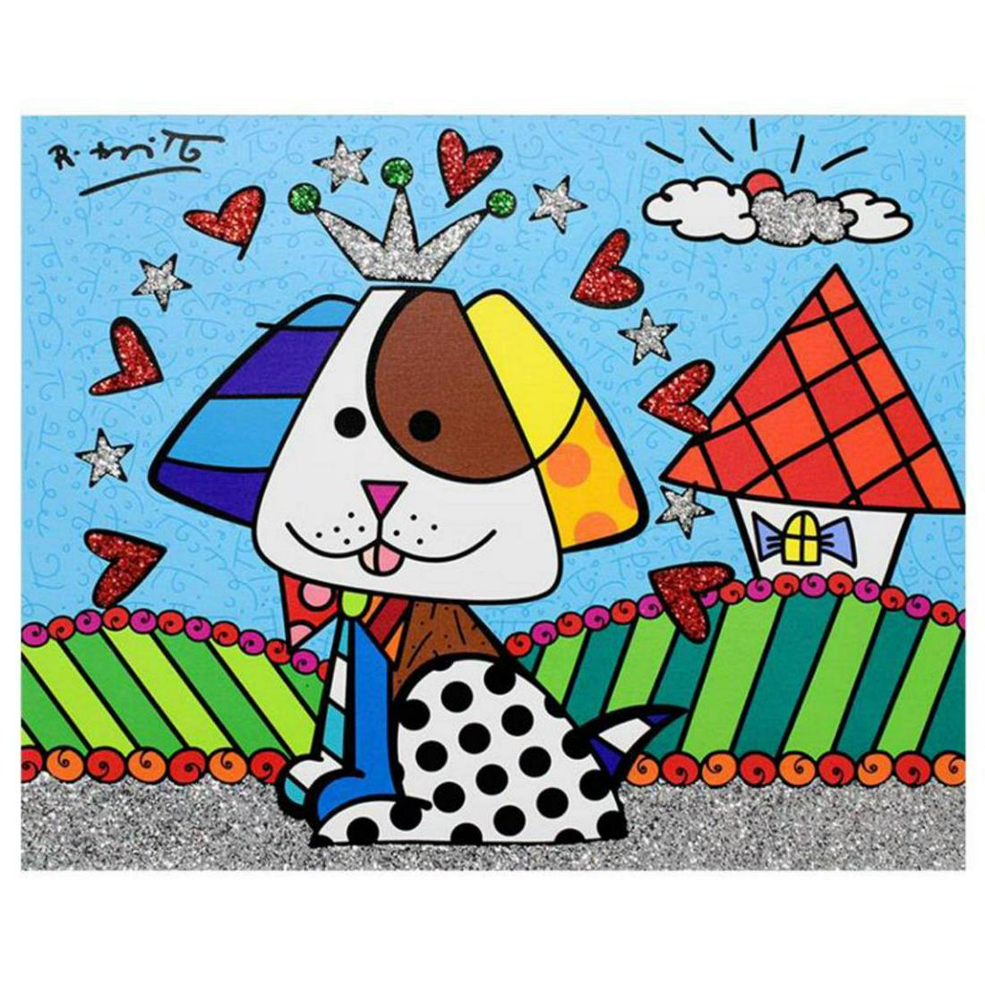 Romero Britto "To Jenna & Nick's Home" Hand Signed: "To Jenna & Nick's Home" is a accented limited edition giclee on canvas with by Romero Britto. The piece comes hand signed by the artist and is authenticated en verso with the official Britto hologram