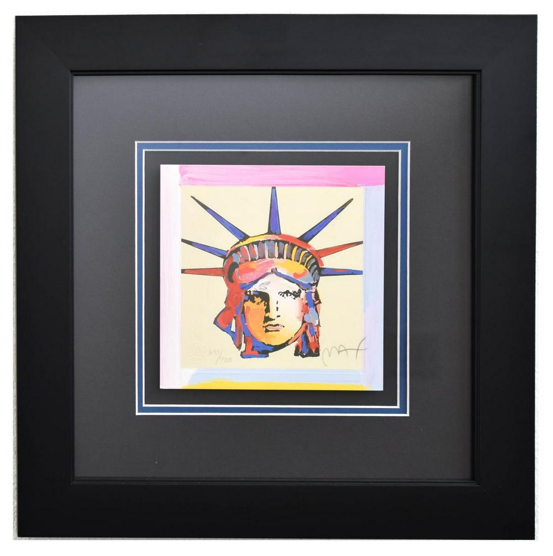 Peter Max- Original Lithograph "Liberty Head X (Mini)": Artist: Peter Max. Medium: Original Lithograph. Title: Liberty Head X (Mini). Size (Unframed): 7" x 7". Size (Framed): 16" x 16". Limited Edition: Numbered 657/700. Certificate of Authenticity: From P