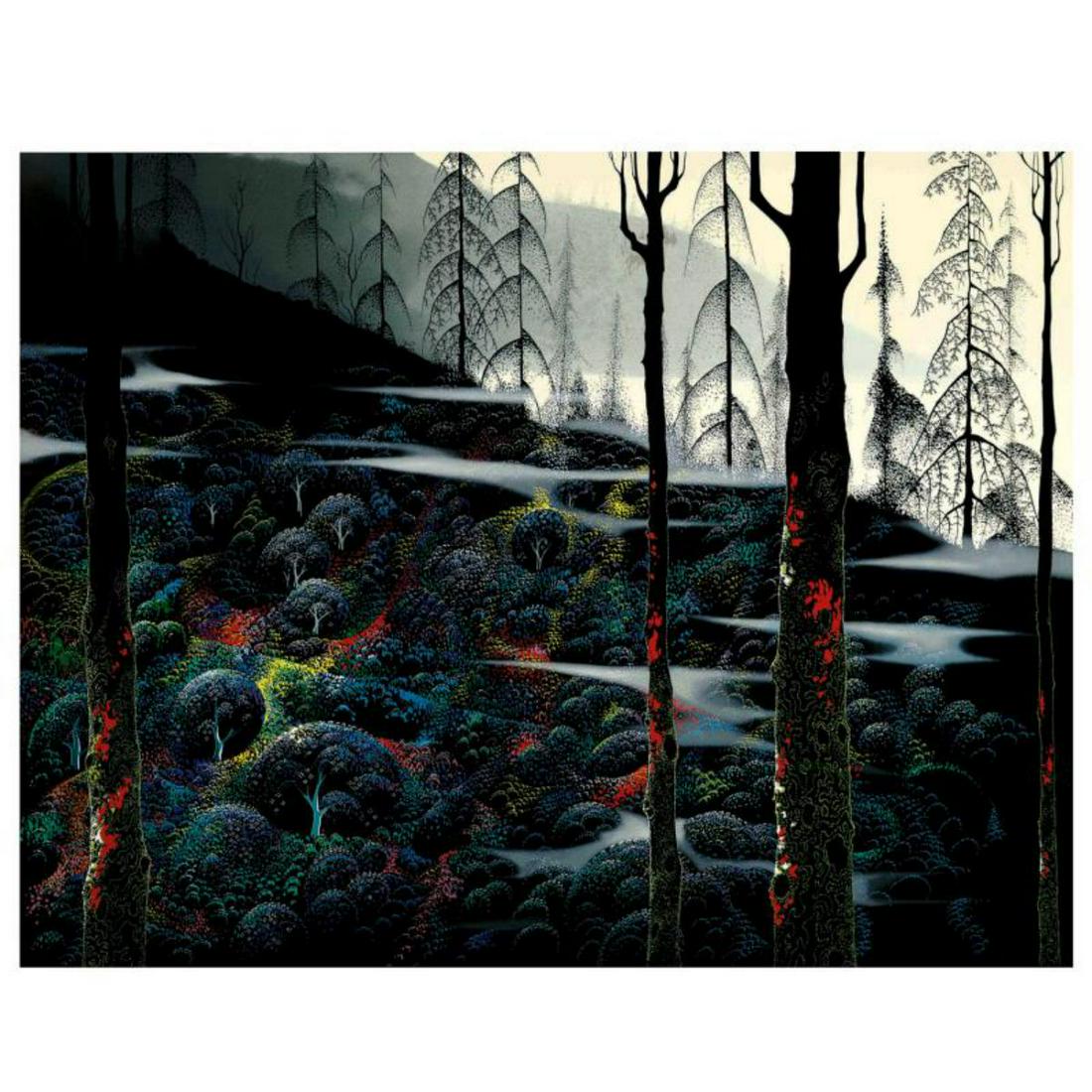 Eyvind Earle (1916-2000), "Dawns First Light" Limited: "Dawns First Light" is a limited edition serigraph on paper by Eyvind Earle (1916-2000). The piece is numbered, hand-signed by the artist, and accompanied by a certificate of authenticity. Measures ap