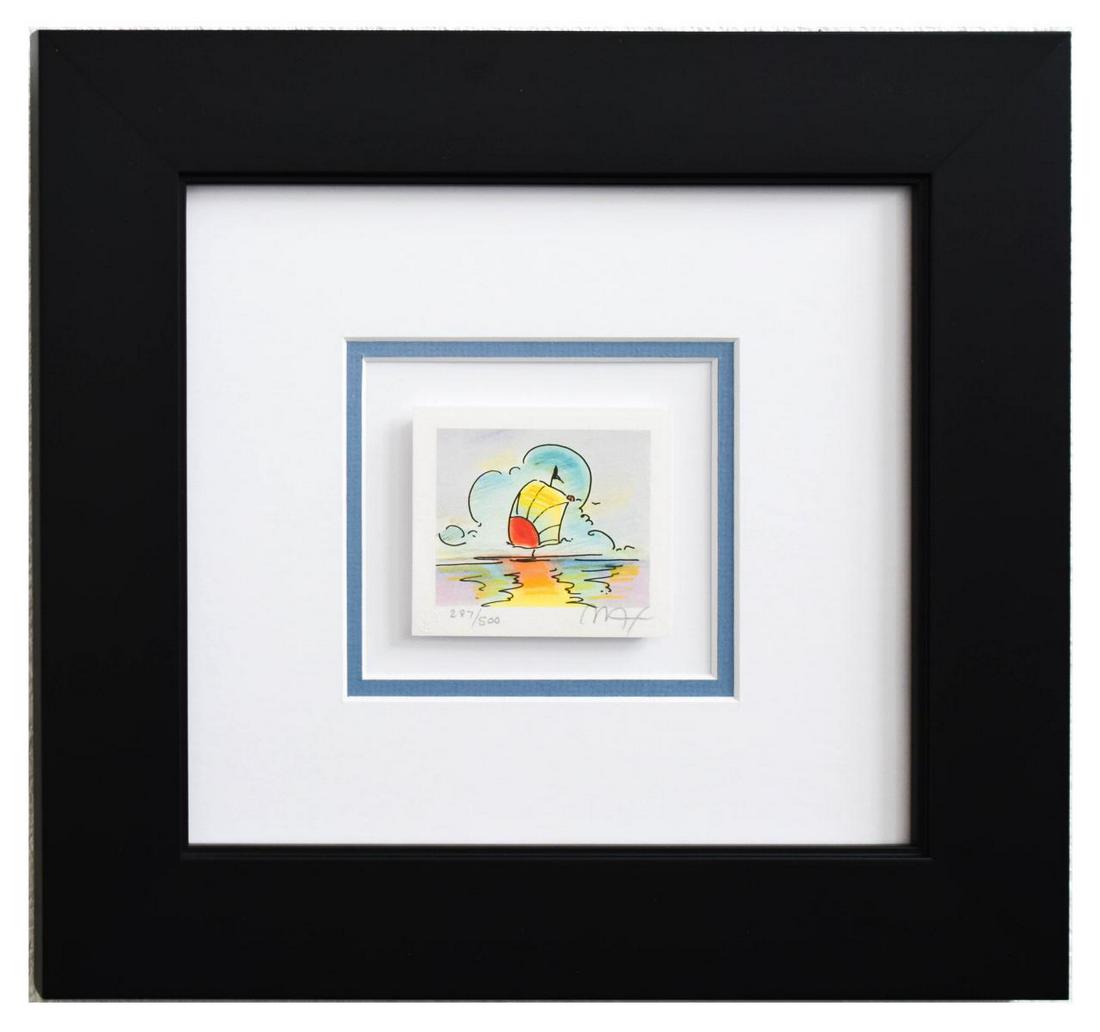 Peter Max- Original Lithograph "Sailboat Series V (Mini: Artist: Peter Max. Medium: Original Lithograph. Title: Sailboat Series V (Mini Series). Size (Unframed): 2.5" x 3". Size (Framed): 11.5" x 12.5". Limited Edition: Numbered 287/500. Certificate of Auth