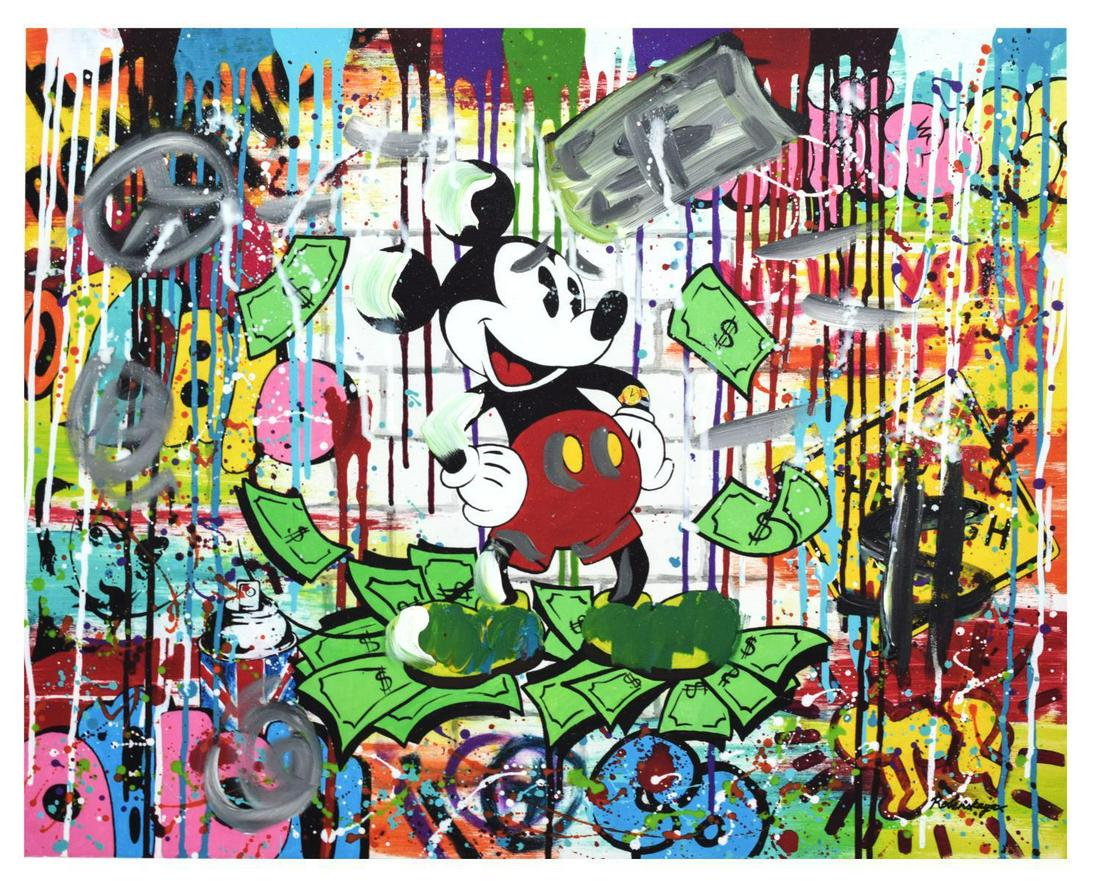 Nastya Rovenskaya- Mixed Media "Mr. Dollar Bill": Artist: Nastya Rovenskaya. Medium: Mixed Media. Title: Mr. Dollar Bill. Size (Unframed): 24" x 30". Certificate of Authenticity: From the publisher. Additional: Original one of a kind. Unframed. Refer