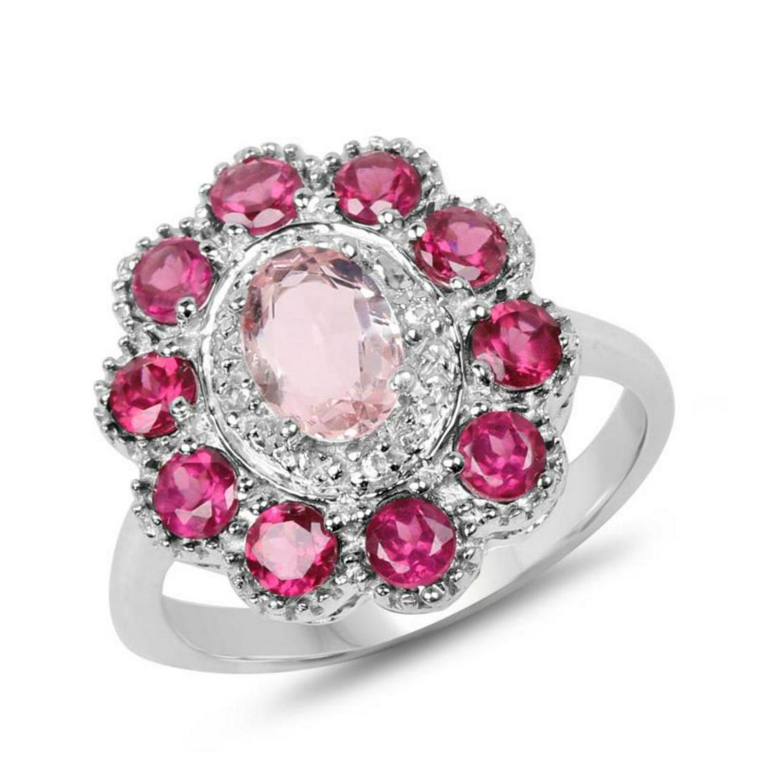 2.02 Carat Genuine Morganite, Rhodolite & White Topaz: This is a 2.02 Carat Genuine Morganite, Rhodolite & White Topaz .925 Sterling Silver Ring (size 6) measuring 0.74 Inches in length with a total gross weight of 4.78 (gm) | Gemstone Info: Morganite: Ov