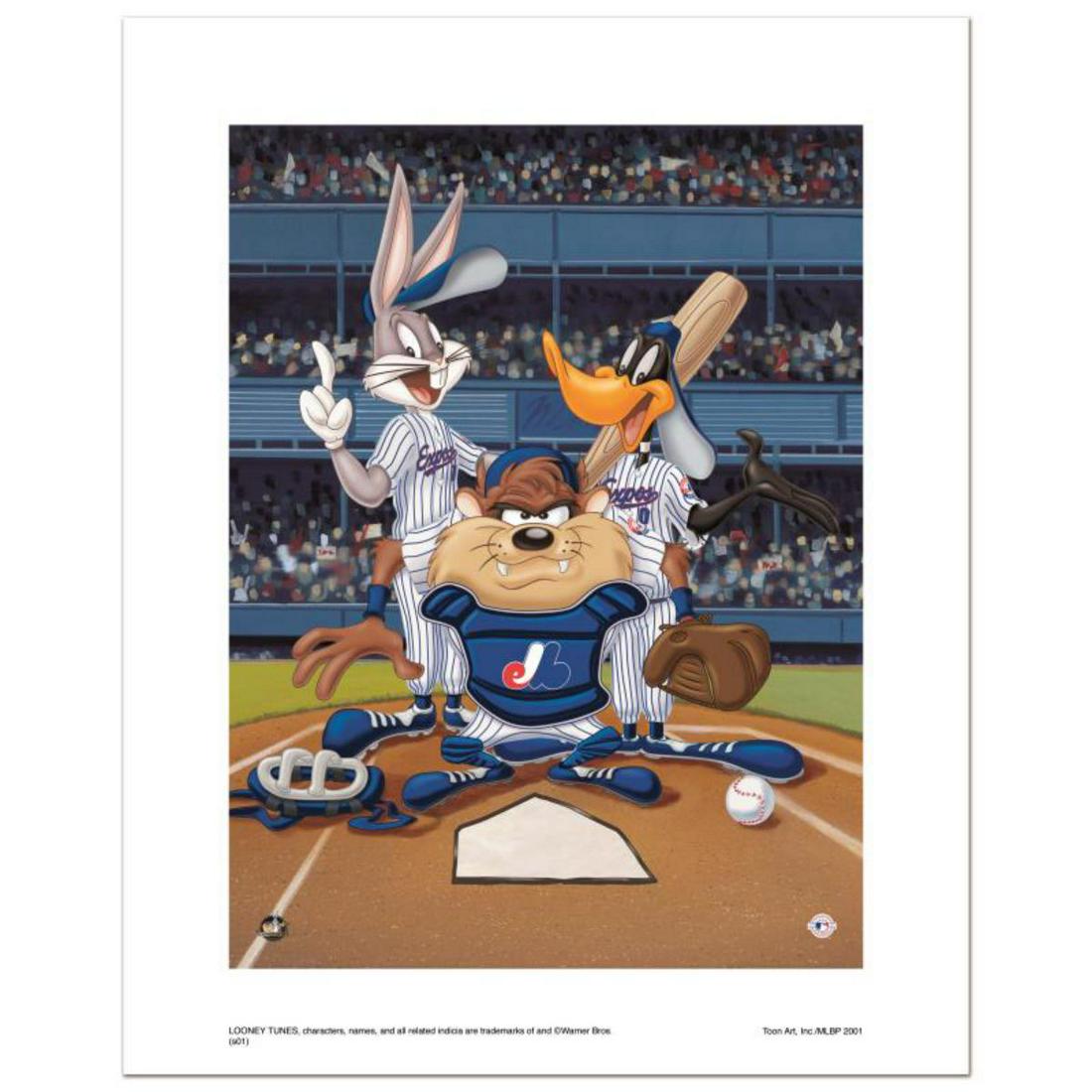 "At the Plate (Expos)" Numbered Limited Edition Giclee: "At the Plate (Expos)" is a limited edition giclee on paper from Warner Bros. featuring iconic Looney Tunes characters in Montreal Expos MLB uniforms. It comes numbered, with hologram seal, and a Cert