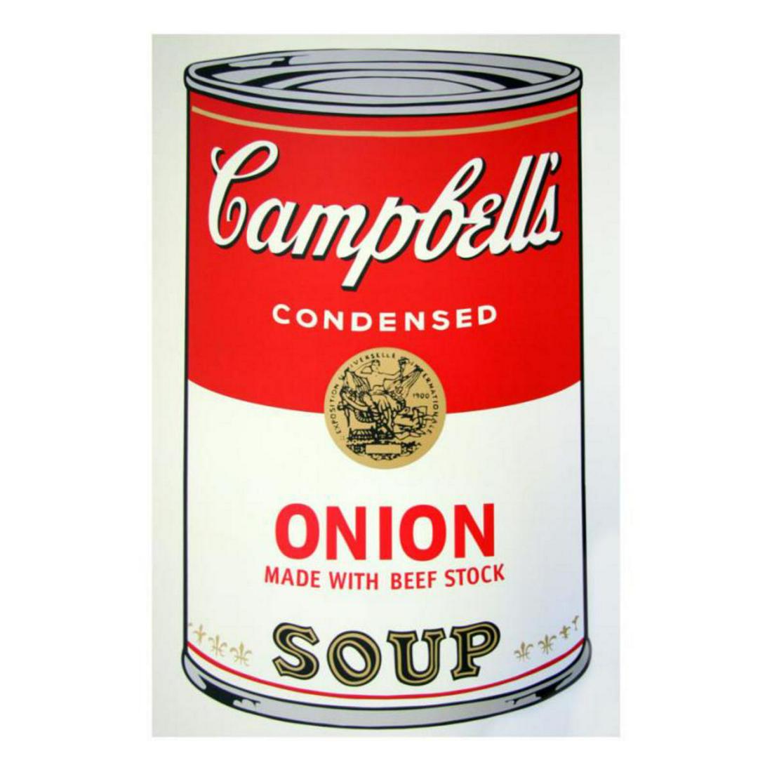 Andy Warhol "Soup Can 11.47 (Onion w/Beef Stock)" Silk: "Soup Can 11.47 (Onion w/Beef Stock)" is a silk screen print on paper (open edition) from Sunday B Morning featuring the works of Andy Warhol. The piece is stamped in blue on the back with "Published
