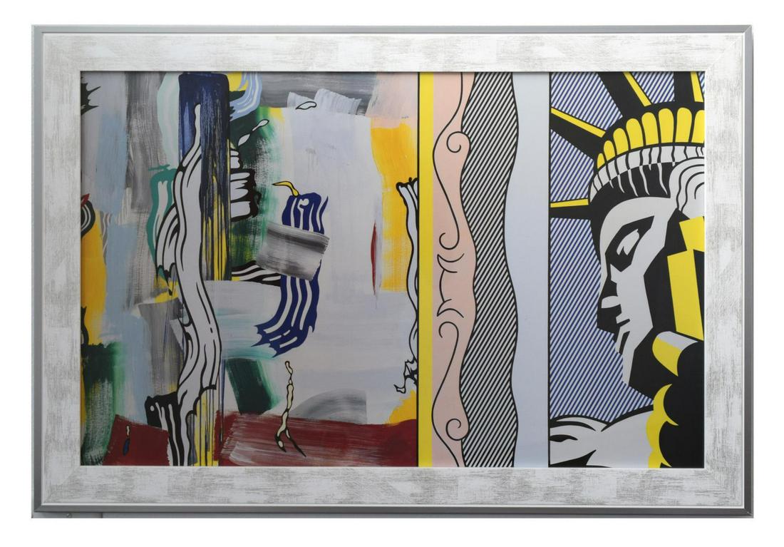 Roy Lichtenstein- Offset Lithograph "Painting with: Artist: Roy Lichtenstein. Medium: Offset Lithograph. Title: Painting with Statue of Liberty . Size (Unframed): 18" x 29". Size (Framed): 22" x 33". Certificate of Authenticity: Is included. Reference#