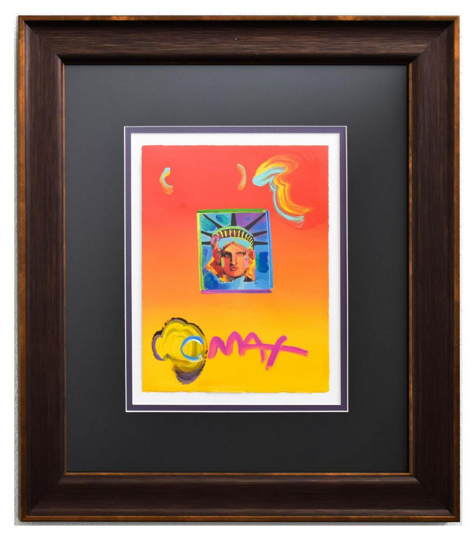 Peter Max- Original Mixed Media "Liberty Head II Ver. I: Artist: Peter Max. Medium: Original Mixed Media. Title: Liberty Head II Ver. I #149. Size (Unframed): 11" x 8.5". Size (Framed): 23" x 20". Certificate of Authenticity: From Peter Max Studio. Addition