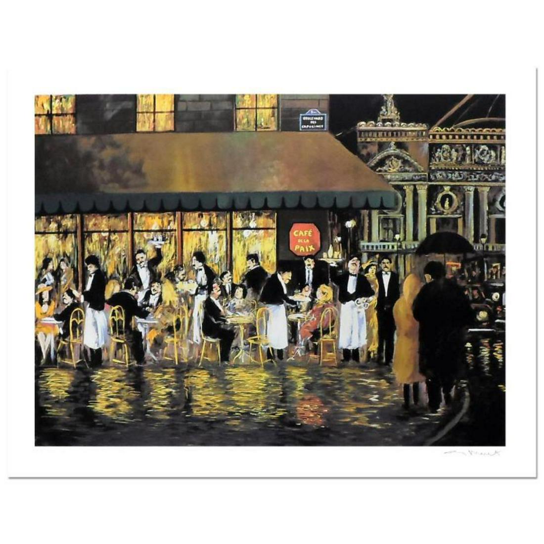 Guy Buffet, "Cafe de la Paix" Limited Edition Serigraph;: "Cafe de la Paix" is a limited edition serigraph on paper by Guy Buffet. It is numbered, hand-signed by the artist, and comes with a Certificate of Authenticity. Measures approx. 36" x 27" (image). Re