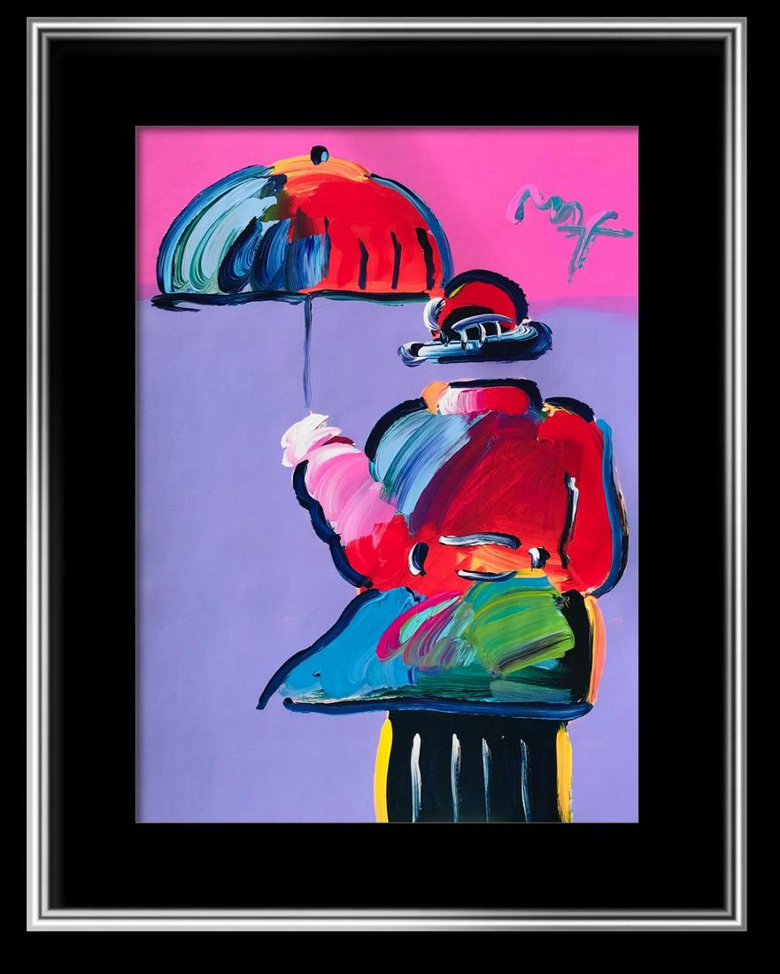 Peter Max Original Mixed Media with Acrylic on Paper: Artist: Peter Max. Medium: Original Mixed Media with Acrylic on Paper. Title: "Umbrella Man". Size Framed: 42x34"