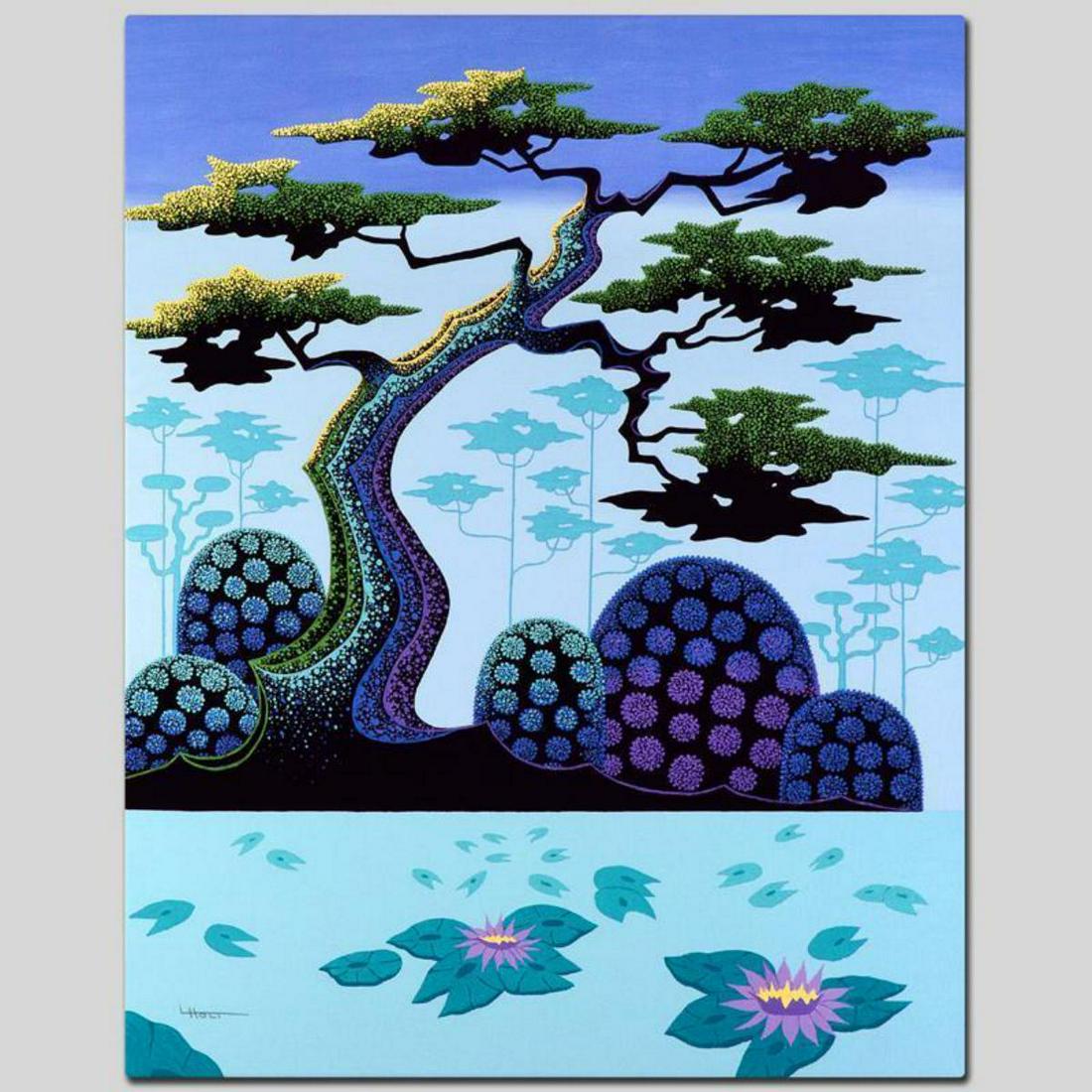 "Lotus by Moonlight" Limited Edition Giclee on Canvas: Larissa Holt, a student of distinguished artist Eyvind Earle (1916-2000), uses bold colors and breathtaking scenery to create images of Nature in her own unique style. "Lotus by Moonlight" is a limite