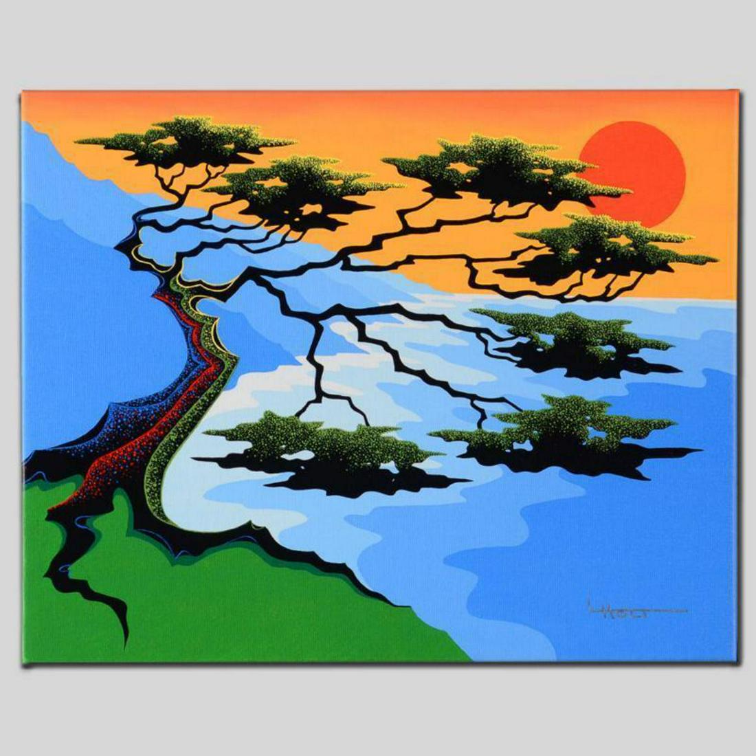 "Sunset" Limited Edition Giclee on Canvas by Larissa: Larissa Holt, a student of distinguished artist Eyvind Earle(1916-2000), uses bold colors and breathtaking scenery to create images of Nature in her own unique style. "Sunset" is a limited edition gic