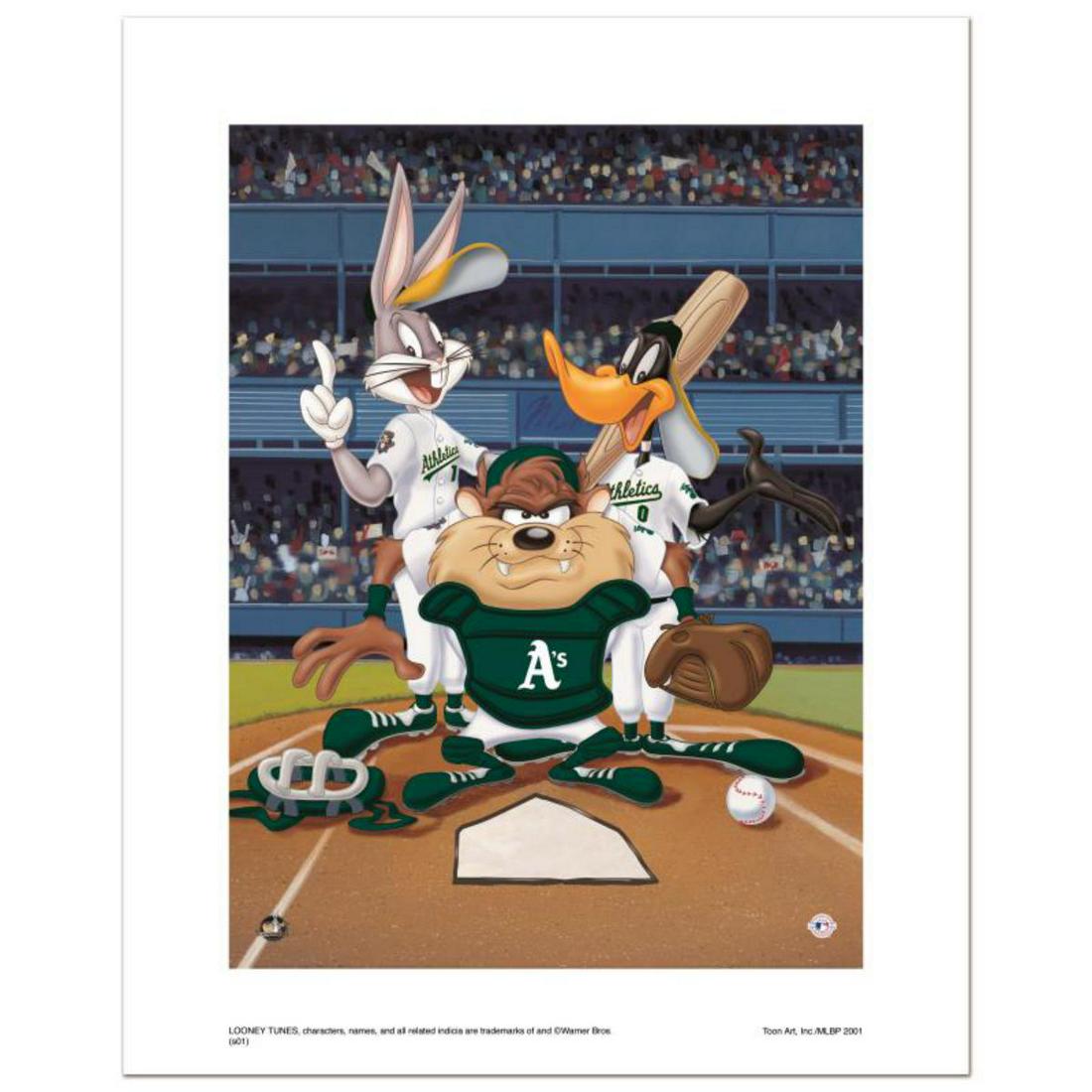 "At the Plate (Athletics)" Numbered Limited Edition: "At the Plate (Athletics)" is a limited edition giclee on paper from Warner Bros. featuring iconic Looney Tunes characters in Oakland Athletics MLB uniforms. It comes numbered, with hologram seal, and