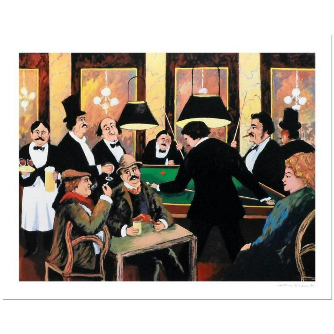 Guy Buffet, "Billiards" Limited Edition Serigraph;: "Billiards" is a limited edition serigraph on paper by Guy Buffet. It is numbered, hand-signed by the artist, and comes with a Certificate of Authenticity. Measures approx. 39" x 30" (image). Referenc