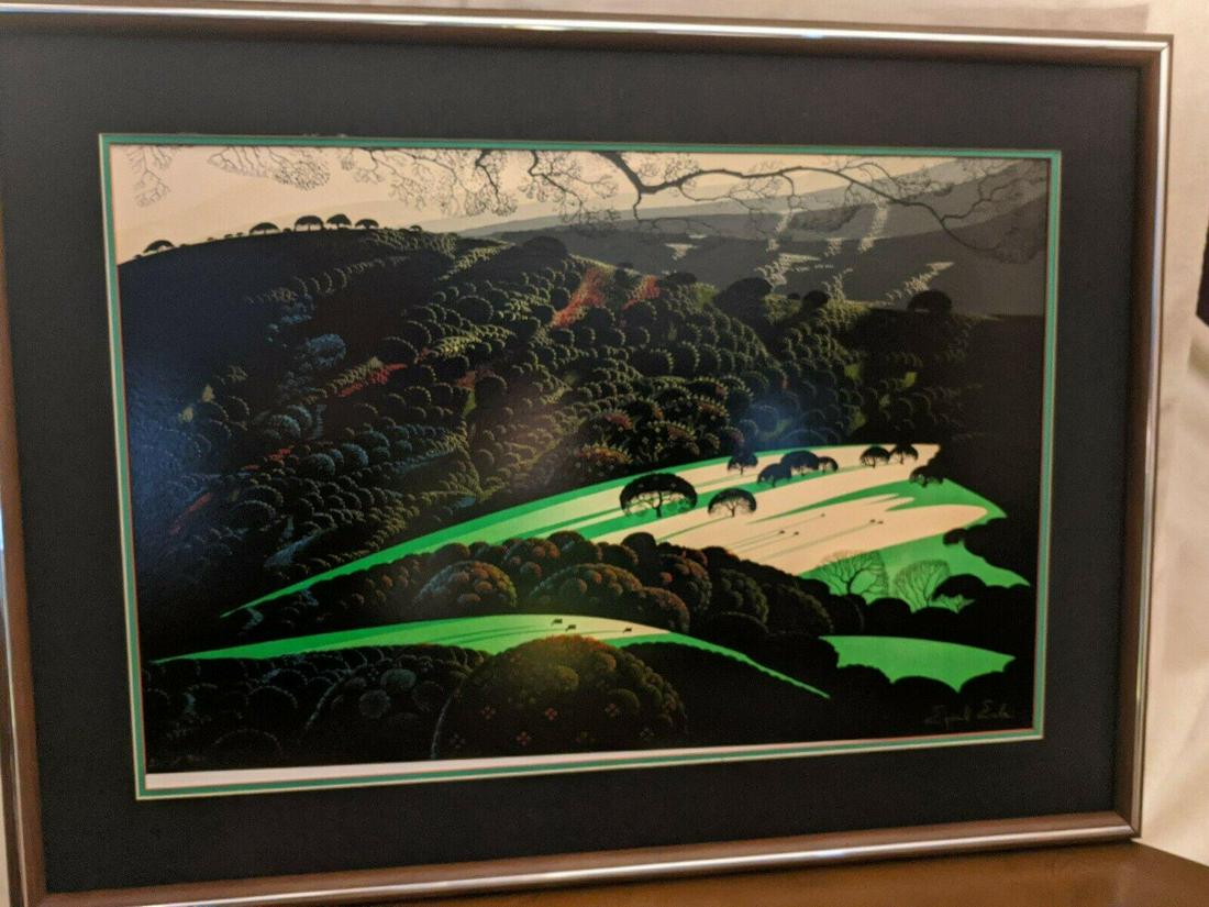 Eyvind Earle "GREEN VALLEY" Serigraph: Artist: Evyind Earle. Medium: Serigraph. Title: "GREEN VALLEY". Frame Size: 28x37". Hand Signed and Numbered. Ships without the glass.