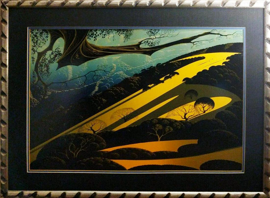 Eyvind Earle "Gaviota Pass" Serigraph: Artist: Evyind Earle. Medium: Serigraph. Title: "Gaviota Pass". Frame Size: 28x37". Hand Signed and Numbered. One flaw it is photographed. (Happened during printing). Ships without the glass.