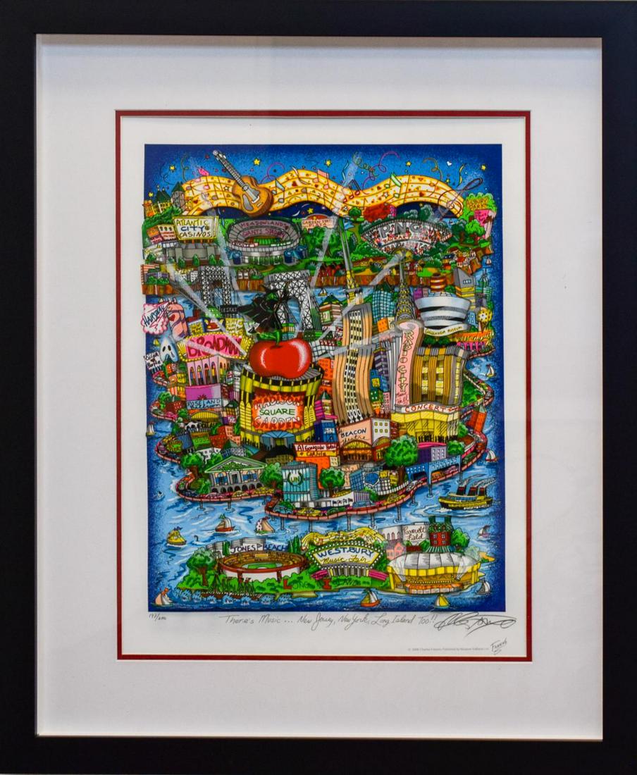 Charles Fazzino- 3D Construction Silkscreen Serigraph: Artist: Charles Fazzino. Medium: 3D Construction Silkscreen Serigraph. Title: There's Music... New Jersey, New York, Long Island Too!. Size (Unframed): 23" x 17". Size (Framed): 32" x 27". Limited Edi