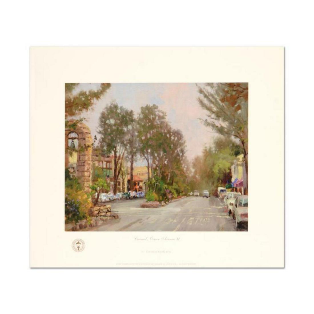 Thomas Kinkade (1958-2012), "Carmel, Ocean Ave II": "Carmel, Ocean Ave II" is an offset lithograph on paper by Thomas Kinkade (1958-2012), numbered and hand signed by the artist. Includes Certificate of Authenticity from Lighthouse Publishing. Measures