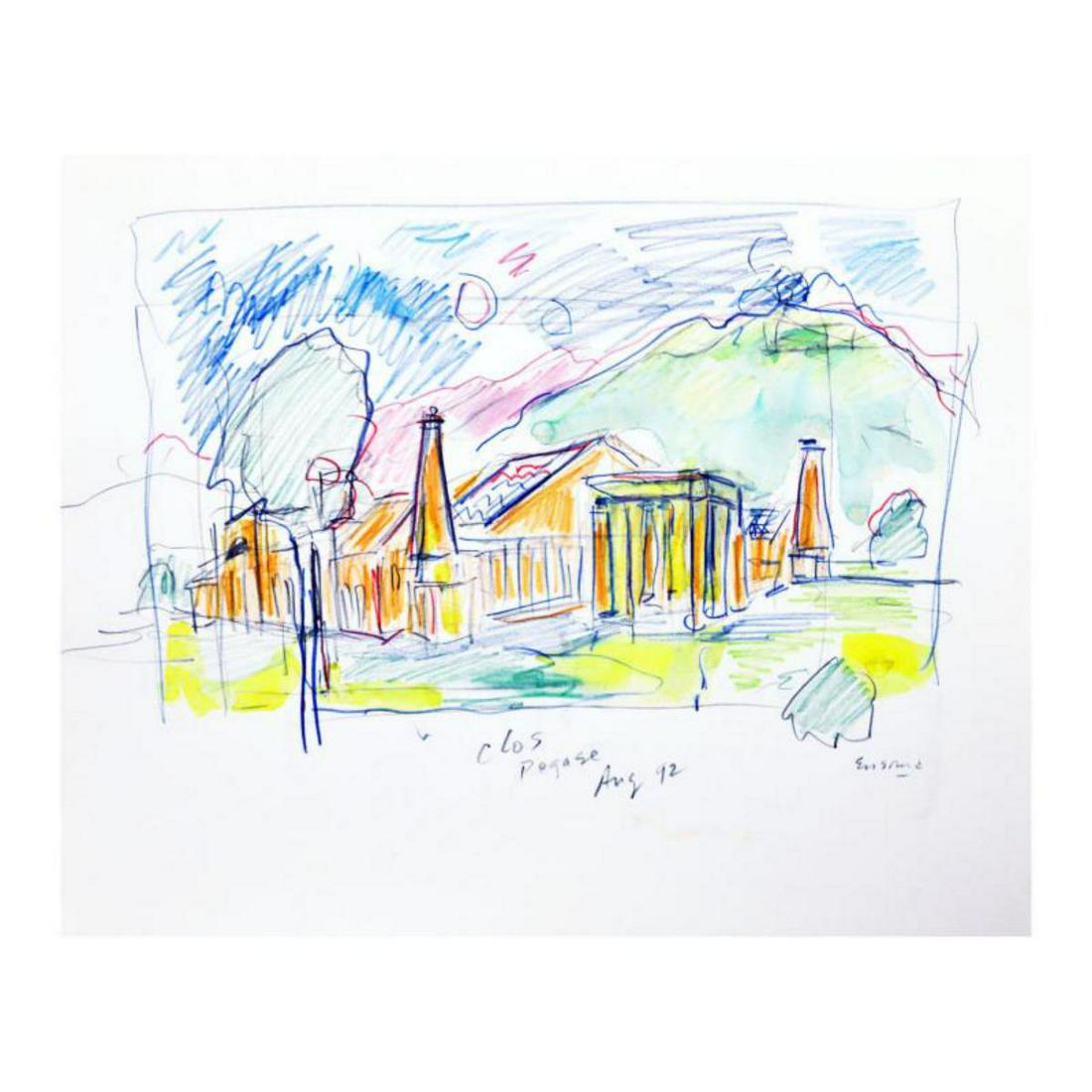 Wayne Ensrud "Clos Pegase Winery, Napa Valley" Mixed: "Clos Pegase Winery, Napa Valley" is an original Mixed Media on Paper by Wayne Ensrud. The piece is hand signed by the artist and comes with a Certificate of Authenticity. Measures approximately 14" x