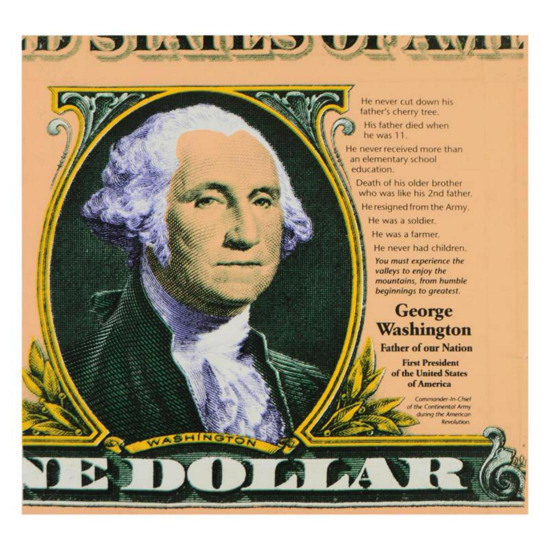 Steve Kaufman (1960-2010), "George Washington" Limited: "George Washington" is a limited edition hand pulled silkscreen on canvas by Andy Warhol protege Steve Kaufman (1960-2010). This piece is numbered 72/200 and hand signed inverso. Includes Certificate