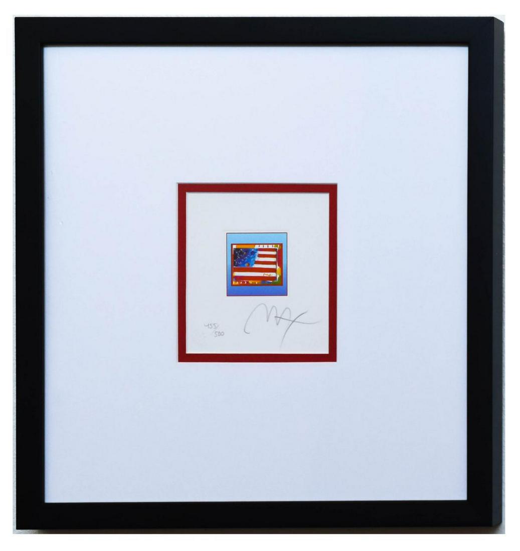 Peter Max- Original Lithograph "Flag with Heart on: Artist: Peter Max. Medium: Original Lithograph. Title: Flag with Heart on Blue. Size (Unframed): 5" x 5". Size (Framed): 15" x 15". Limited Edition: Numbered 455/500. Certificate of Authenticity: From