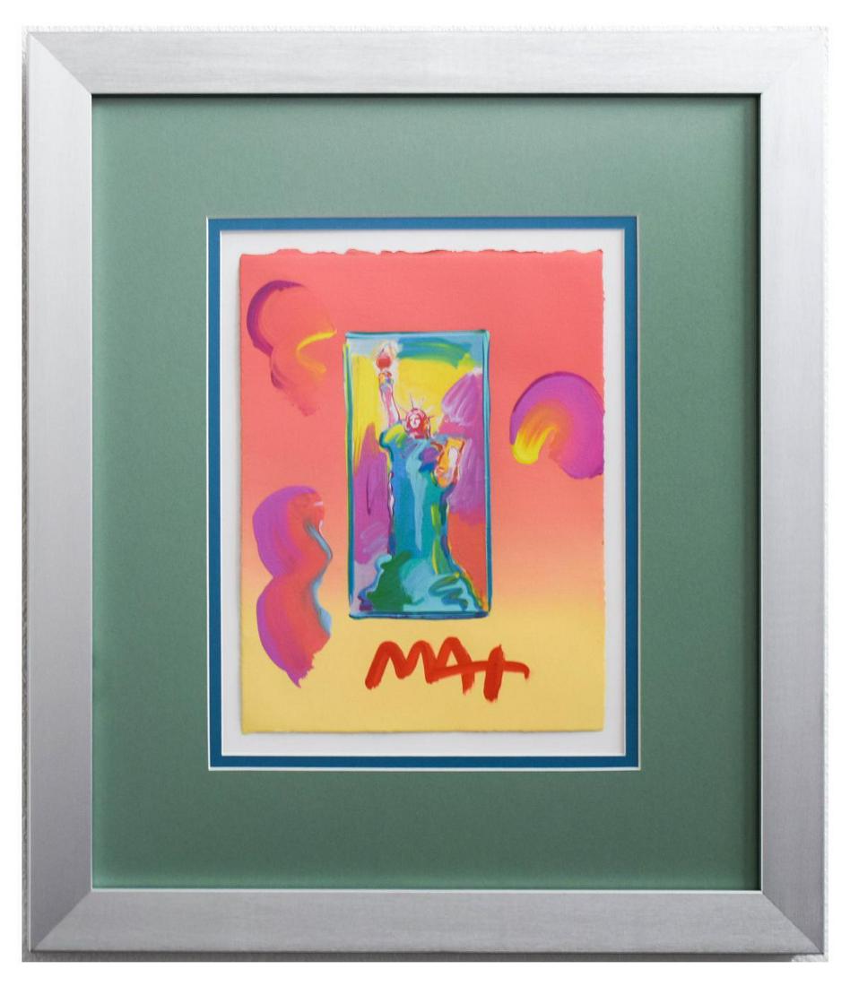 Peter Max- Original Mixed Media "Statue of Liberty Ver.: Artist: Peter Max. Medium: Original Mixed Media. Title: Statue of Liberty Ver. #150. Size (Unframed): 11" x 8.5". Size (Framed): 21.5" x 19". Certificate of Authenticity: From Peter Max Studio. Additi
