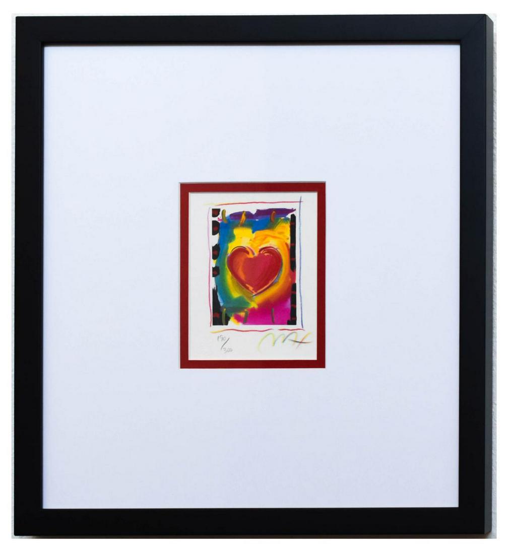 Peter Max- Original Lithograph "Heart Series I": Artist: Peter Max. Medium: Original Lithograph. Title: Heart Series I. Size (Unframed): 5" x 4". Size (Framed): 15" x 14". Limited Edition: Numbered 190/300. Certificate of Authenticity: From Peter Ma