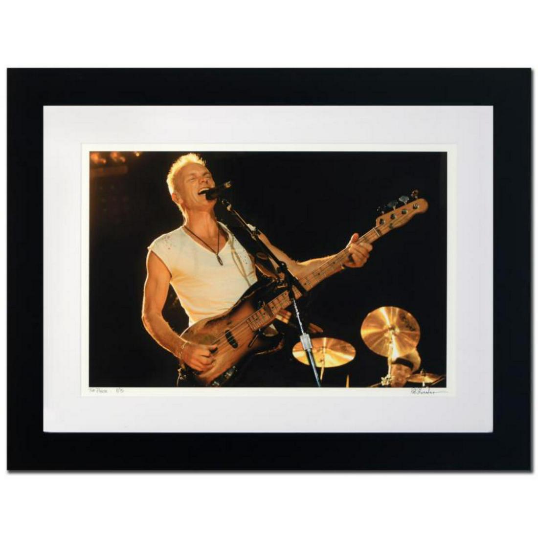 "Sting" Limited Edition Giclee by Rob Shanahan,: "Sting" is a limited edition giclee on paper, numbered and hand signed by acclaimed music industry photographer Rob Shanahan. This piece comes custom framed. Includes Certificate of Authenticity. Meas