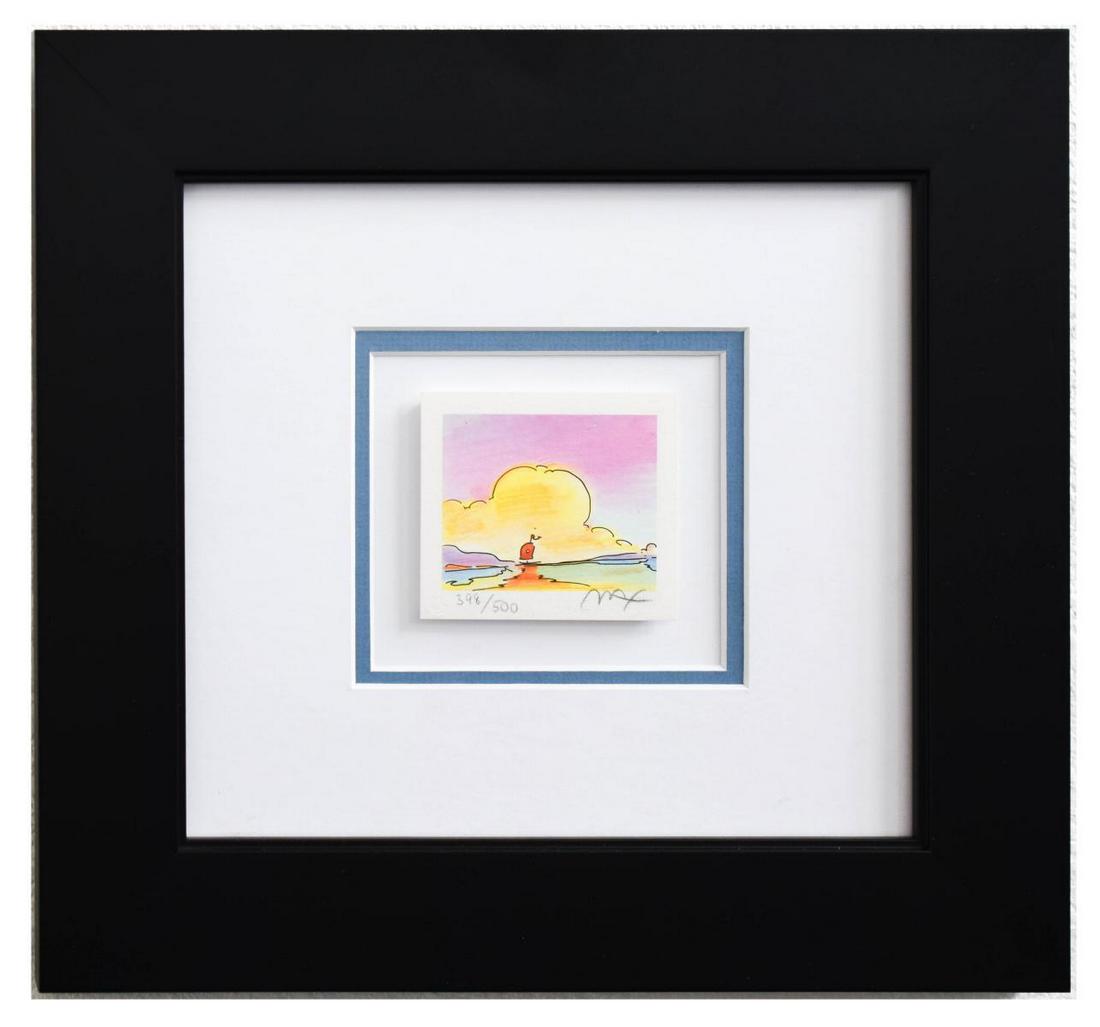 Peter Max- Original Lithograph "Sailboat On The Horizor: Artist: Peter Max. Medium: Original Lithograph. Title: Sailboat On The Horizor (Mini Series). Size (Unframed): 2.5" x 3". Size (Framed): 11.5" x 12.5". Limited Edition: Numbered 398/500. Certificate o