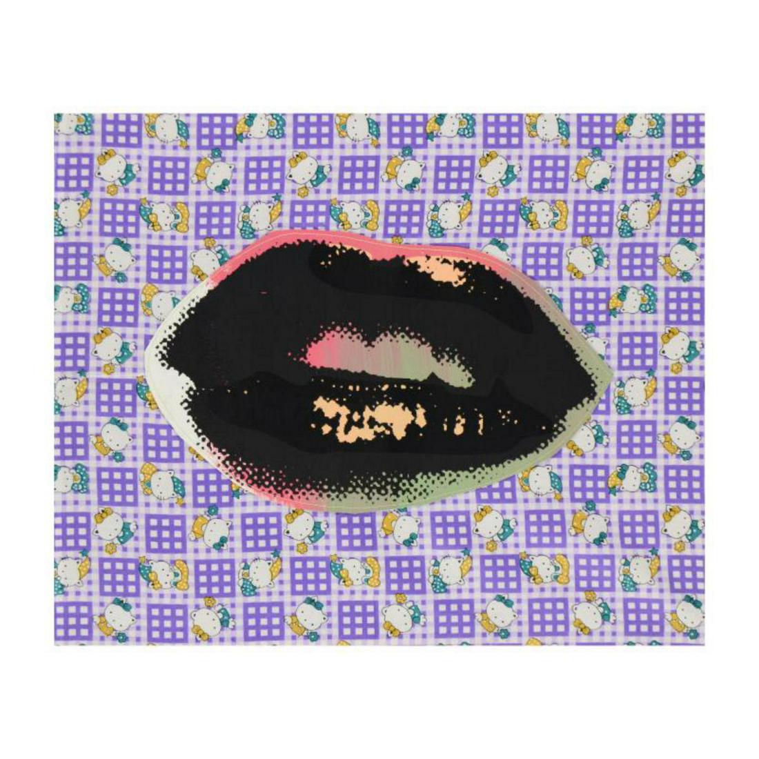 Steve Kaufman (1960-2010), "Lips" Hand Painted Limited: "Lips" is a hand painted limited edition silkscreen on canvas with Hello Kitty fabric background by Andy Warhol protege Steve Kaufman (1960-2010). This piece is AP numbered 17/50 and hand signed inver