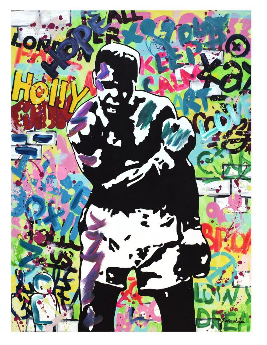 Nastya Rovenskaya- Mixed Media "Muhammad Ali": Artist: Nastya Rovenskaya. Medium: Mixed Media. Title: Muhammad Ali. Size (Unframed): 40" x 30". Certificate of Authenticity: From the publisher. Additional: Original one of a kind. Unframed. Referenc