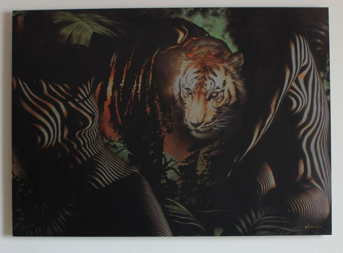Vera V. Goncharenko- Print on Aluminum "The Ladies with: Artist: Vera V. Goncharenko. Medium: Print on Aluminum. Title: The Ladies with the Tiger. Size (Unframed): 19" x 27". Certificate of Authenticity: From the publisher. Reference# 10588.