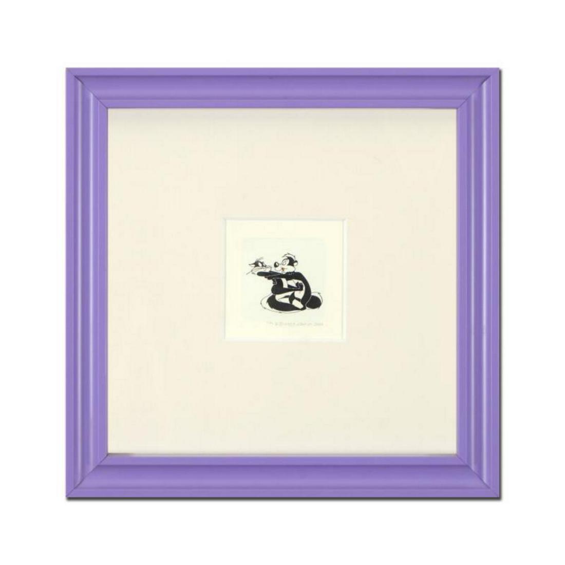 "Pepe Le Pew in Love" Framed Limited Edition Etching: "Pepe Le Pew in Love" is a limited edition etching on paper with hand-tinted coloring from Warner Bros, numbered and dated 1999. This piece comes framed. Measures approx. 9" x 9" (with frame), 2" x 2.