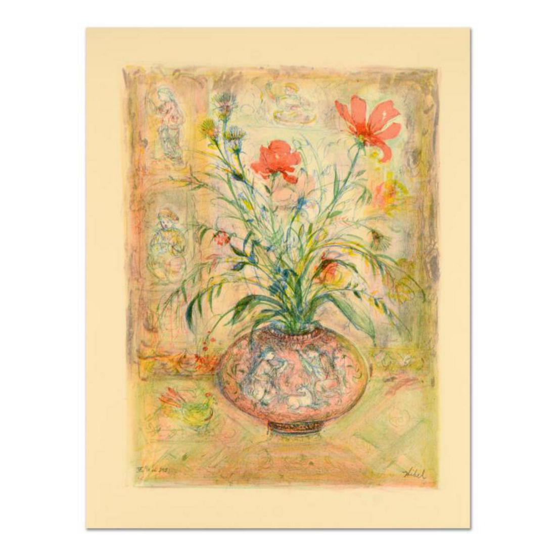 Edna Hibel (1917-2014), "Thistle Rose and a Day Lily": "Thistle Rose and a Day Lily" is a limited edition lithograph on paper by Edna Hibel (1917-2014), numbered and hand signed by the artist. Includes Certificate of Authenticity. Measures approx. 19.5" x