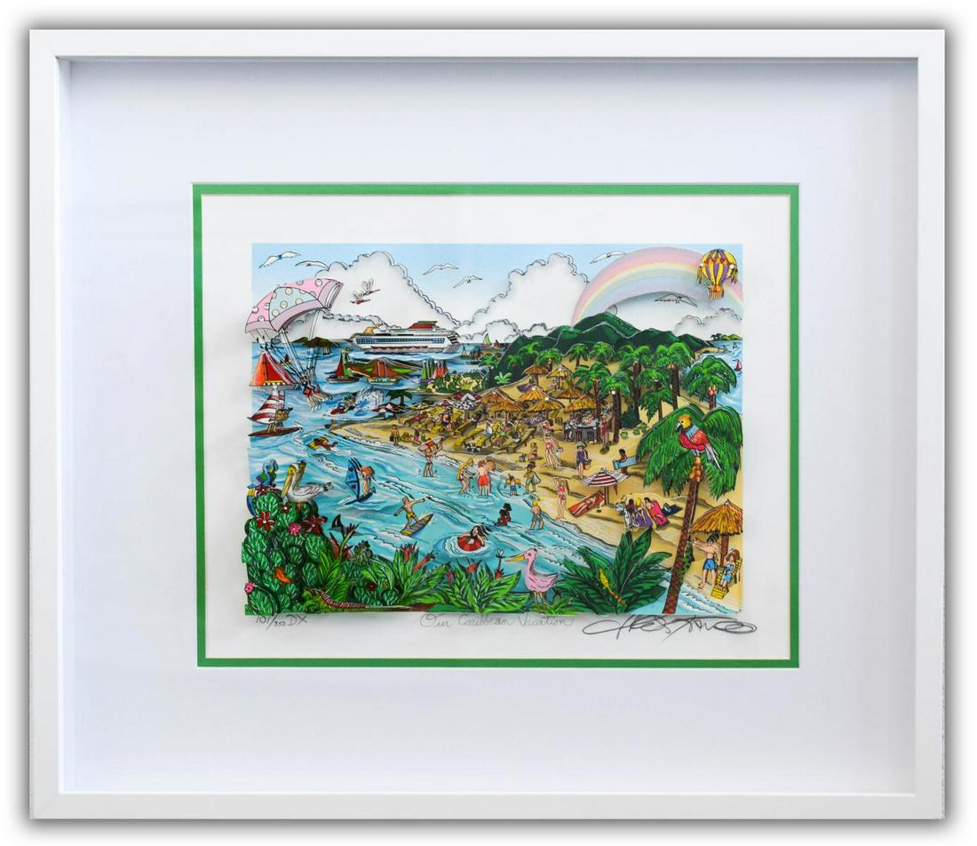Charles Fazzino- 3D Construction Silkscreen Serigraph: Artist: Charles Fazzino. Medium: 3D Construction Silkscreen Serigraph. Title: Our Caribbean Vacation. Size (Unframed): 12" x 14". Size (Framed): 20" x 22.5". Limited Edition: Edition of 350 DX. Certif