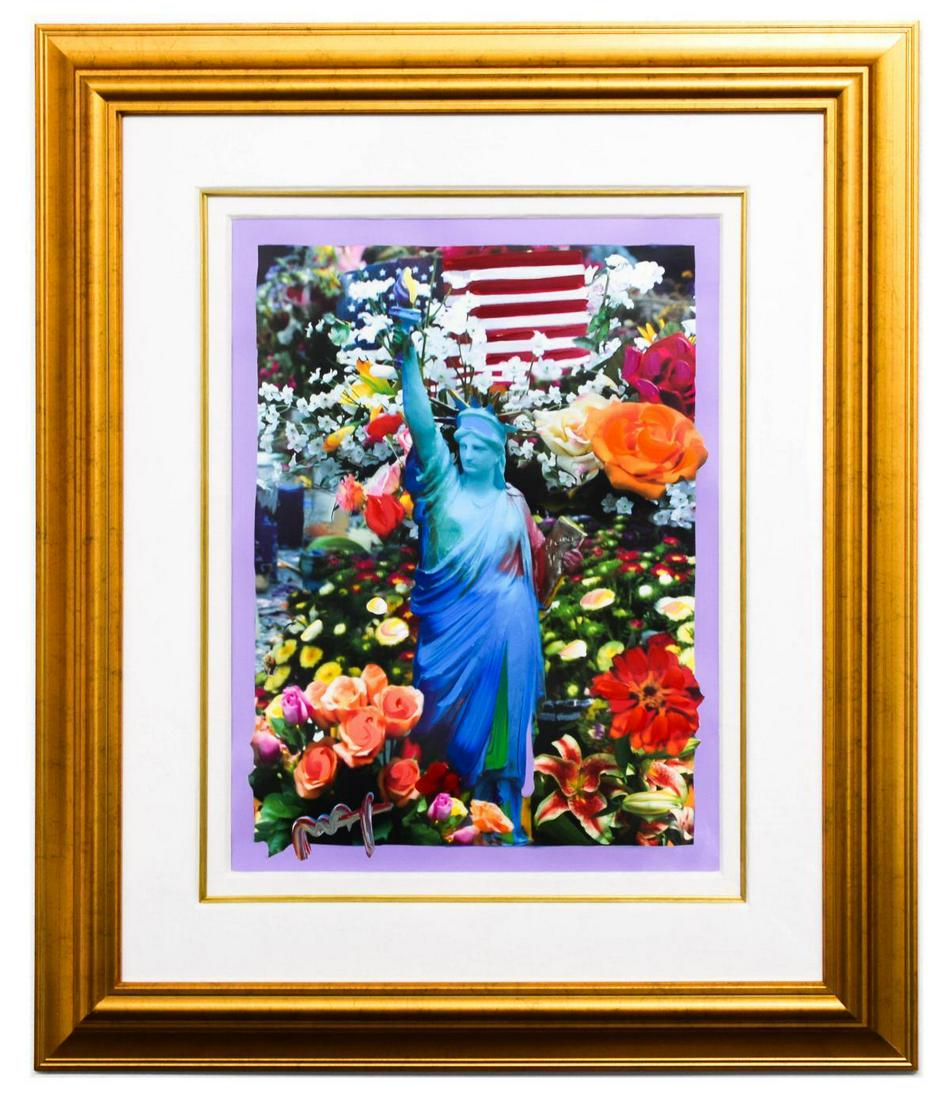 Peter Max- Original Mixed Media "Land of the Free Home: Artist: Peter Max. Medium: Original Mixed Media. Title: Land of the Free Home of the Brave II. Size (Unframed): 24" x 18". Size (Framed): 37.5" x 31.5". Certificate of Authenticity: Certificate of aut