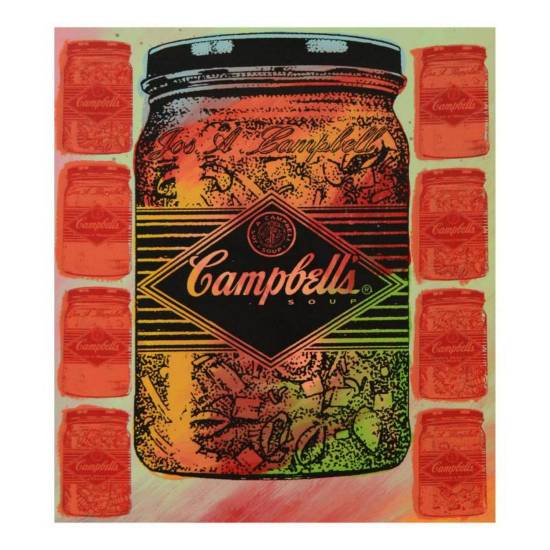 Steve Kaufman (1960-2010), "Campbell's Soup" Hand: "Campbell's Soup" is a hand painted limited edition silkscreen on canvas by Andy Warhol protege Steve Kaufman (1960-2010). This piece is TP numbered 32/50 and hand signed inverso. Includes Certificate