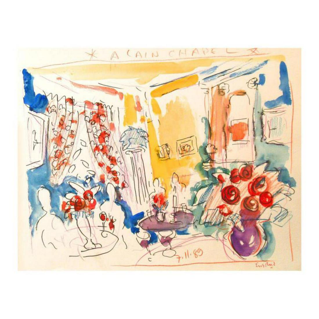 Wayne Ensrud "Dining Room at Alain Chapel (3-star: "Dining Room at Alain Chapel (3-star French Restaurant)" is an original Mixed Media on Paper by Wayne Ensrud. The piece is hand signed by the artist and comes with a Certificate of Authenticity. Measu