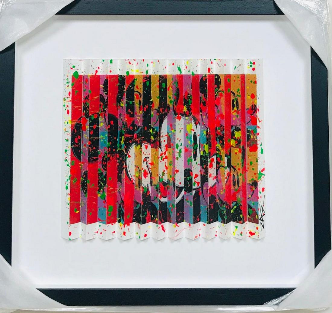 E.M. Zax Original One of a Kind Polymorph "Homage to: "Homage to Andy Warhol Mickey Mouse" is a one-of-a-kind 3D polymorph mixed media on paper by E.M. Zax, hand signed by the artist. This piece comes framed. Includes Letter of Authenticity. Measures app