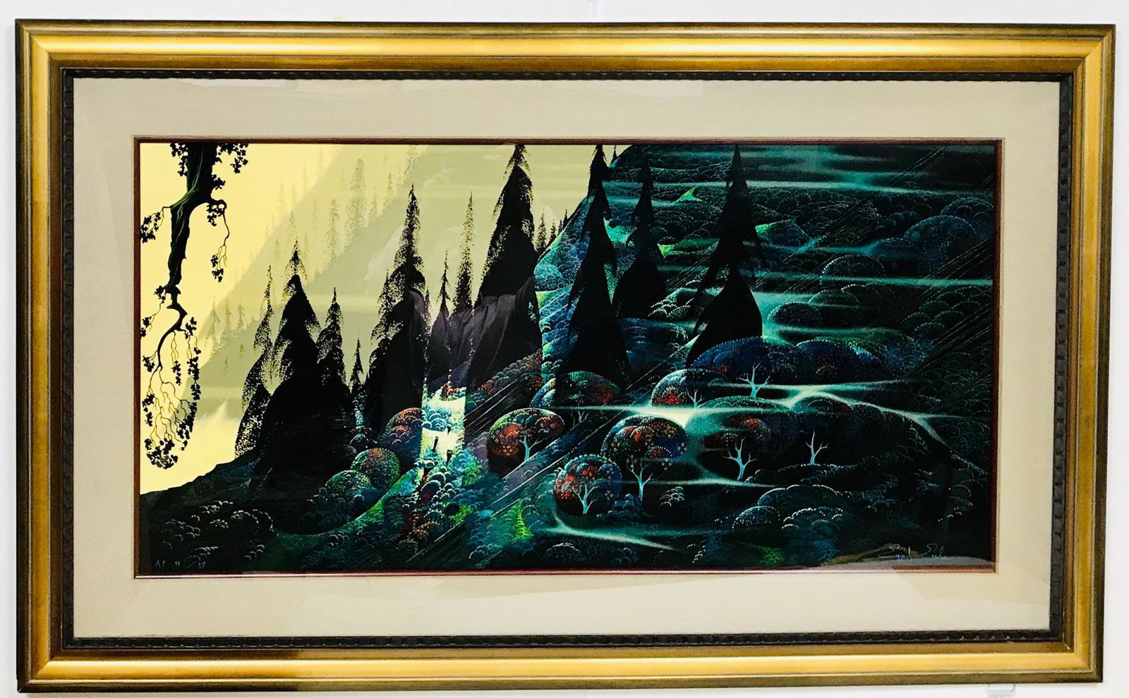 Eyvind Earle "Black Spruce" Hand Signed and numbered: Artist: Eyvind Earle. Title: "Black Spruce". Medium: Hand Signed and numbered Serigraph. Size: 30x50" Framed. Publisher coa included.