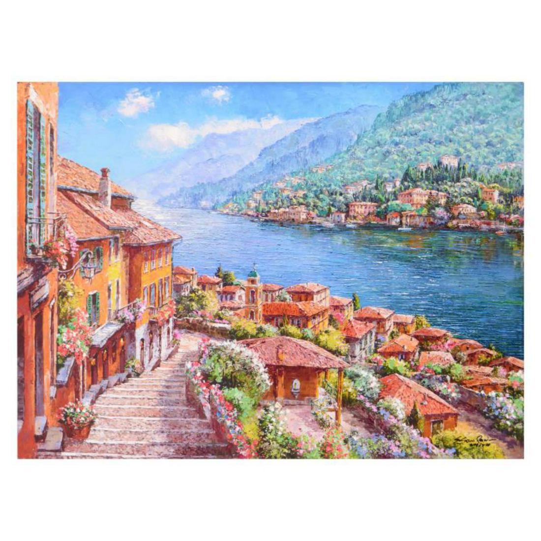 Sam Park, "Steps to Lake Como" Hand Embellished Limited: "Steps to Lake Como" is a hand embellished limited edition serigraph on canvas by Sam Park, numbered and hand signed by the artist. Includes Certificate of Authenticity. Measures approx. 32" x 24" (im