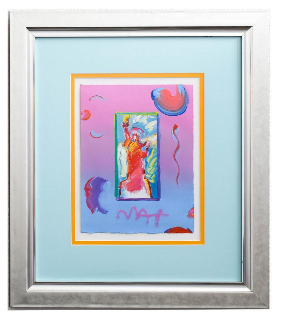 Peter Max- Original Mixed Media "Statue of Liberty Ver.: Artist: Peter Max. Medium: Original Mixed Media. Title: Statue of Liberty Ver. #146. Size (Unframed): 11" x 8.5". Size (Framed): 22" x 19.5". Certificate of Authenticity: From Peter Max Studio. Additi