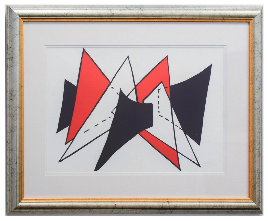 Alexander Calder- Lithograph "DLM141 - Triangles: Artist: Alexander Calder. Medium: Lithograph. Title: DLM141 - Triangles rouges. Size (Unframed): 15" x 22". Size (Framed): 24.5" x 31". Certificate of Authenticity: Is included. Additional: Year : 196