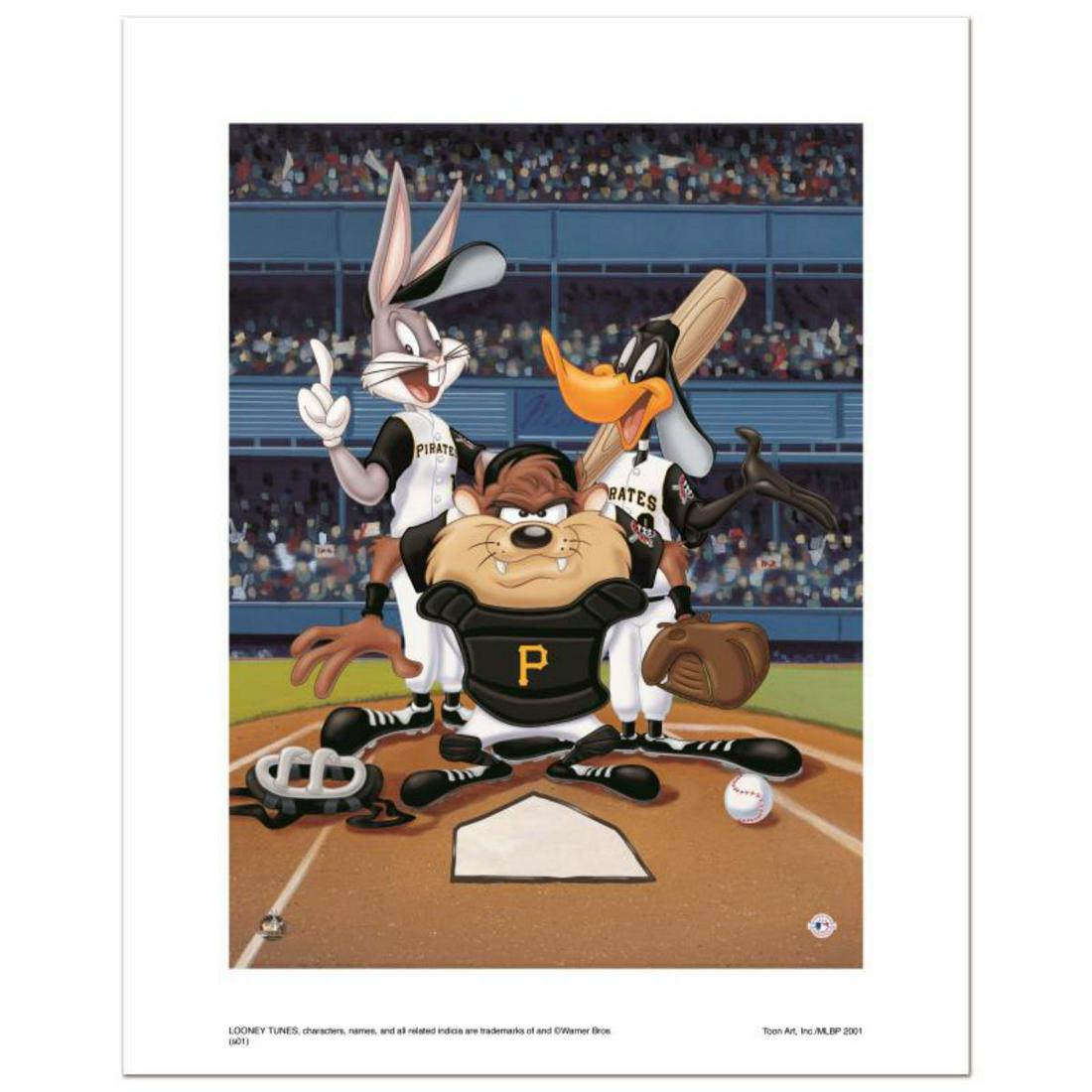 "At the Plate (Pirates)" Numbered Limited Edition: "At the Plate (Pirates)" is a limited edition giclee on paper from Warner Bros. featuring iconic Looney Tunes characters in Pittsburgh Pirates MLB uniforms. It comes numbered, with hologram seal, and 